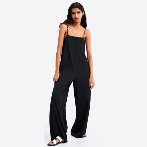 Zara Pants - Zara Wide Leg Black Jumpsuit with Silver Beaded Straps | Size Small